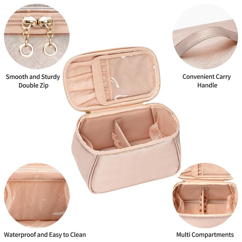 Large Makeup Bag Organizer for Women - Travel Cosmetic Bag with Divider & Handle | Rose Gold