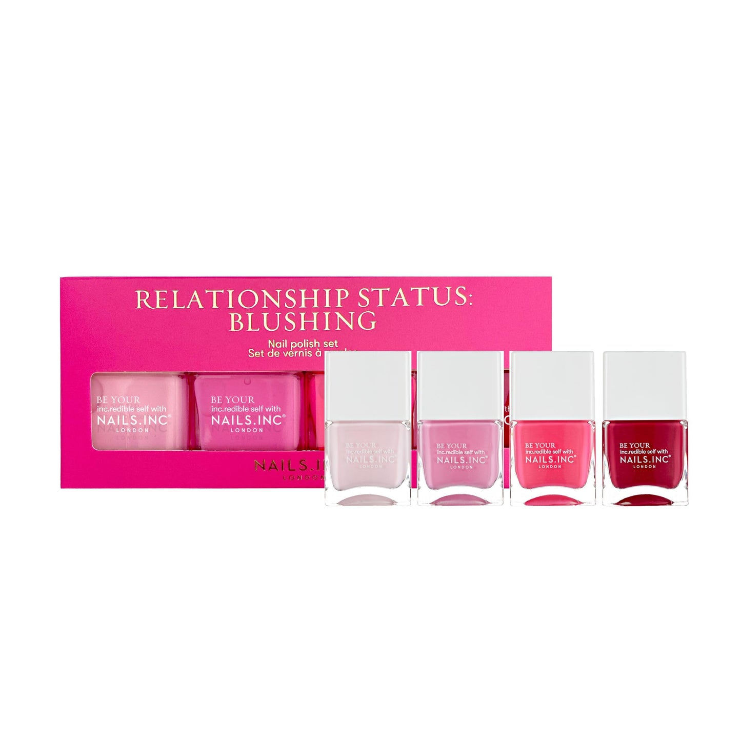 Nails Inc Relationship Status, Blushing Pink Nail Polish, Mothers Day Gift, Long Wearing, High Shine, Rouge, Neon Pink & Rich Berry, Full Coverage, Chip Resistant, Air Dry, Vegan, 4 Piece Set