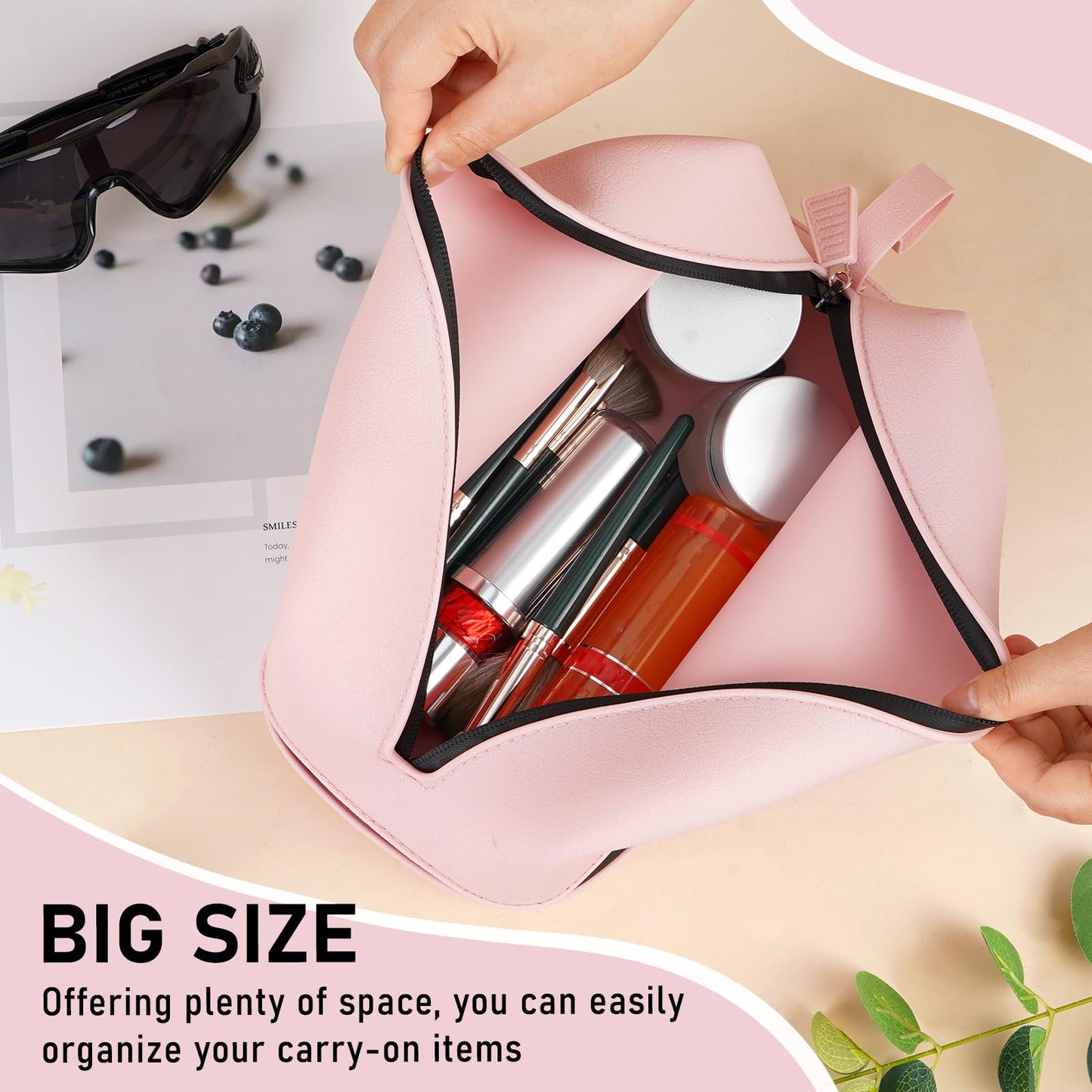 JurwheeR Makeup Bag, Large Capacity Portable Travel Cosmetic Bag, Soft Silicone Makeup Organizer, Washable, for Women with Handle and Divider