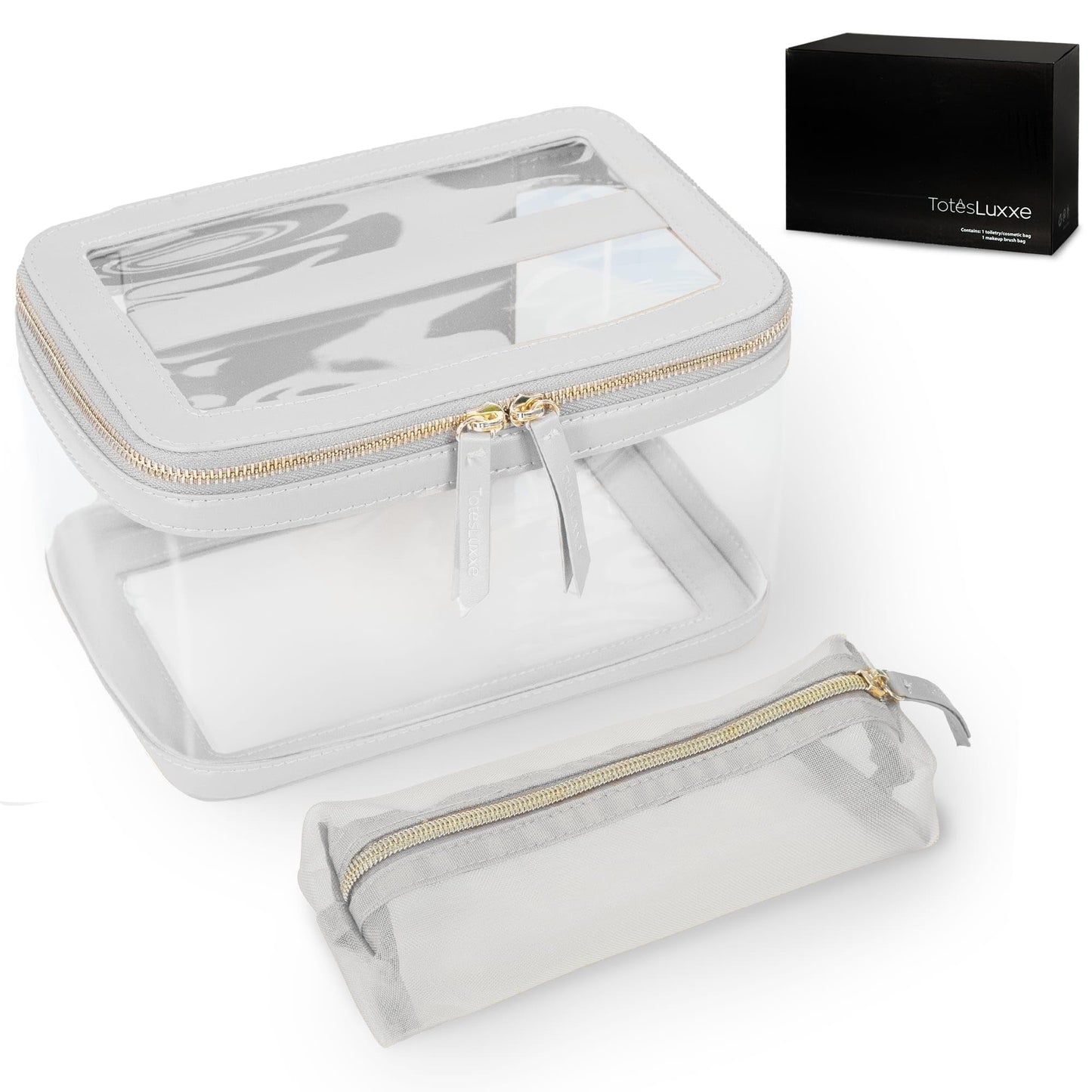 TotesLuxxe Portable Large Clear Transparent Cosmetic Toiletry Travel Organizer with Makeup Brush Bag Travel Toiletry Bag for Women Train Case