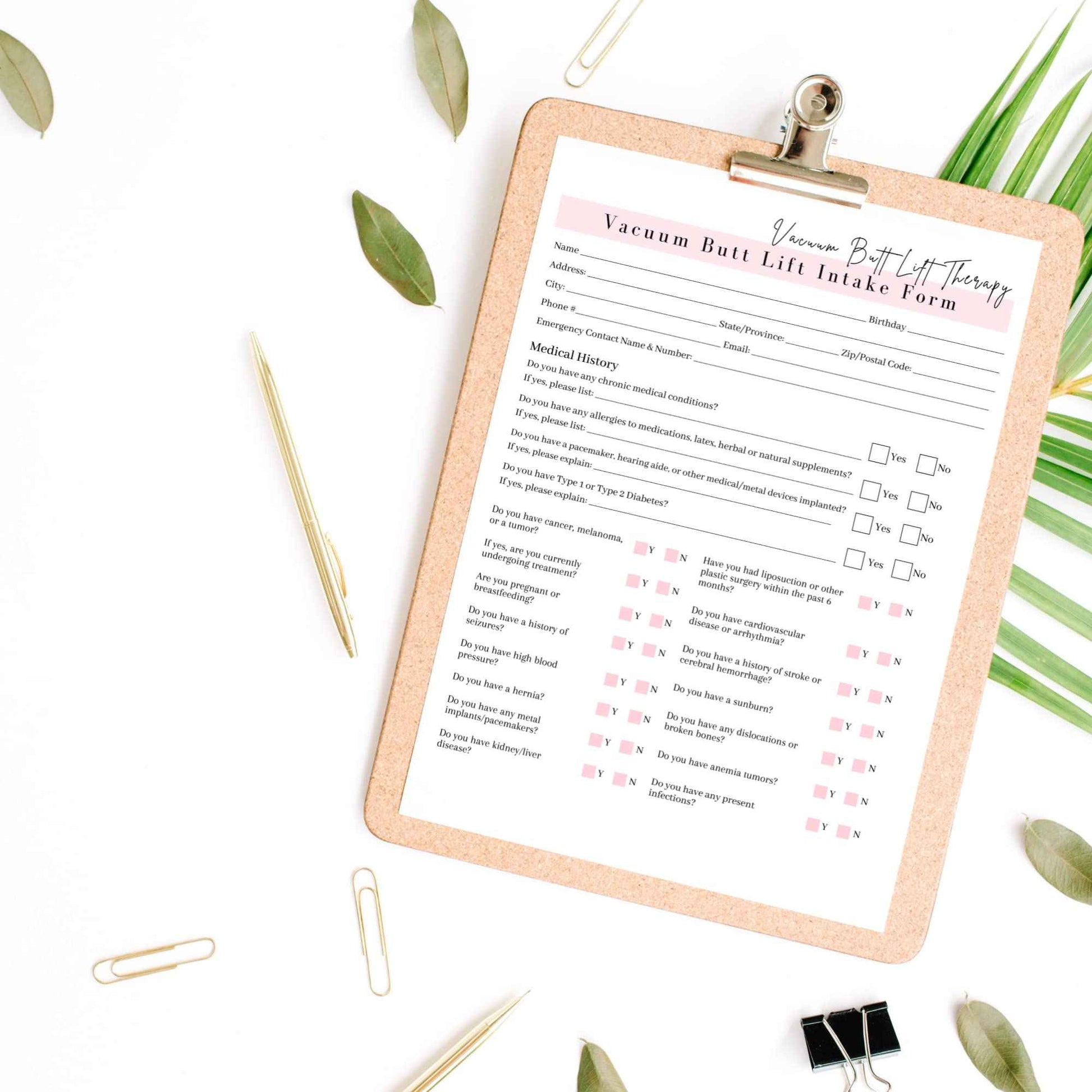 Vacuum Butt Lift Therapy Intake, Consent, and Aftercare Form | 75 Pack | 8.5x11" inch Paper Size Form | Eyelash Extension Supplies | Client Signature | Butt Lift Cupping | White and Pink Design