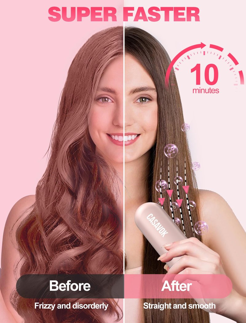Portable Cordless Hair Straightener Brush for Travel,Mini Hair Straightener Comb with Negative Ion,Hair Straightener Brush Hot Comb for Women, Rechargeable 9600mAh Battery,12 Temp-Setting,Pink