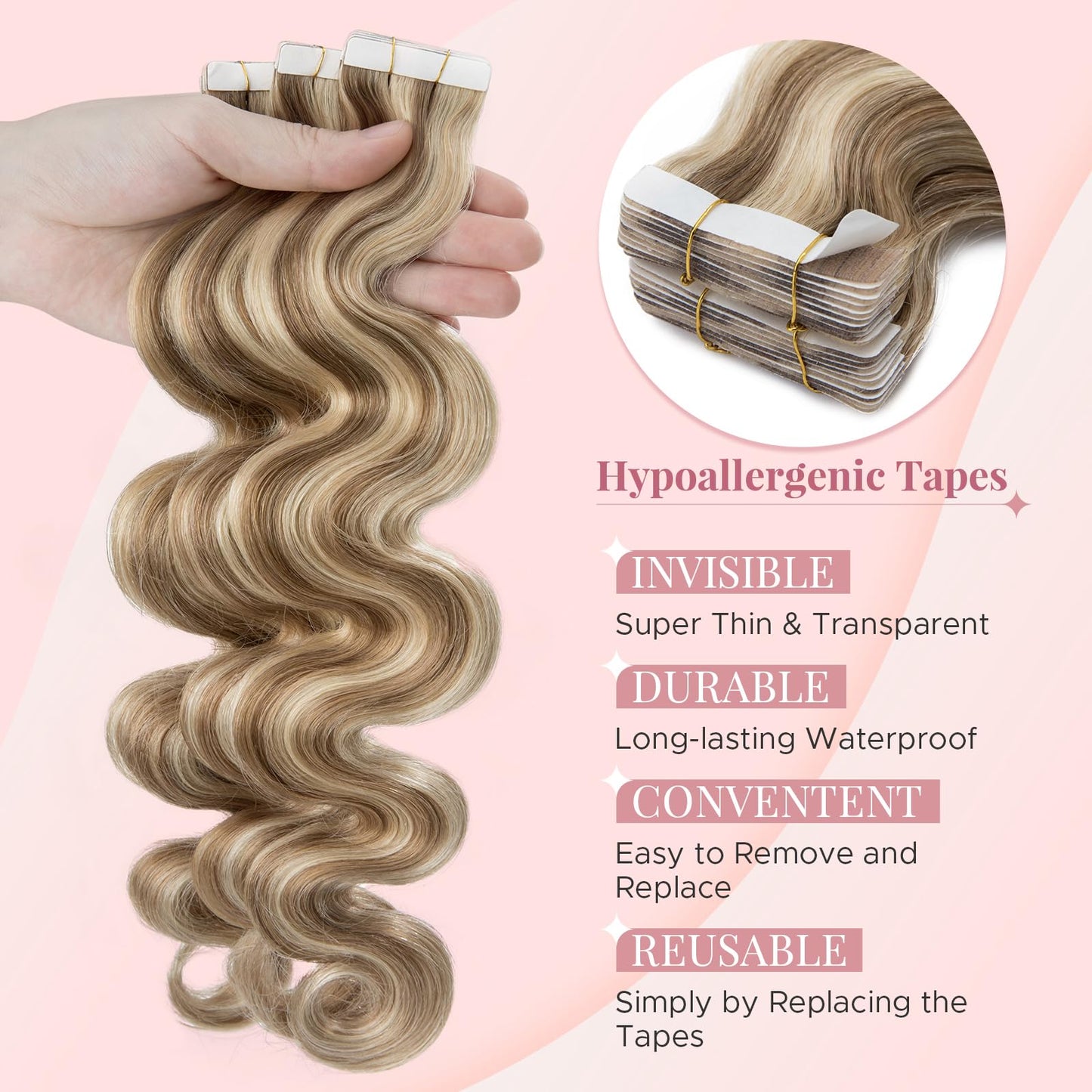 SEGOHAIR Wavy Tape In Hair Extensions Real Human Hair with Double-Sided Adhesive Professional Hair Extensions for Women 20pcs Body Wave 14 Inches #12P613 Golden Brown & Bleach Blonde