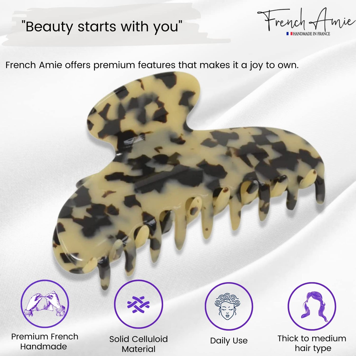 French Amie Large 4 1/4” Handmade Celluloid Interlocking Strong Hold No Slip Grip Jaw Hair Claw Clip Clamp Clutcher for Women and Girls, Made in France (White Tokyo)