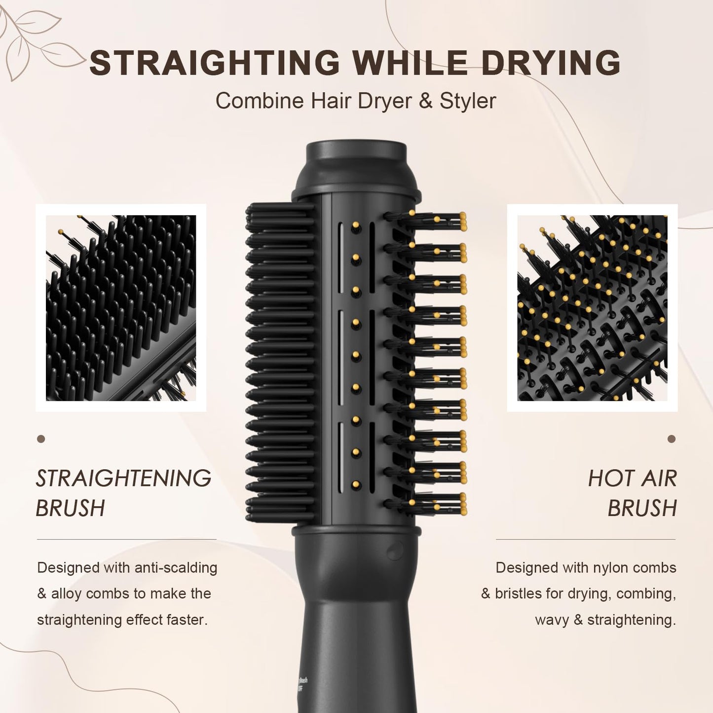 Hair Trends Upgraded 2-in-1 Blow Dryer Brush with Heated Comb, 110-120V Hair Straightener Brush for Black Hair, One-Step Hair Dryer Brush Frizz-Free No Damage