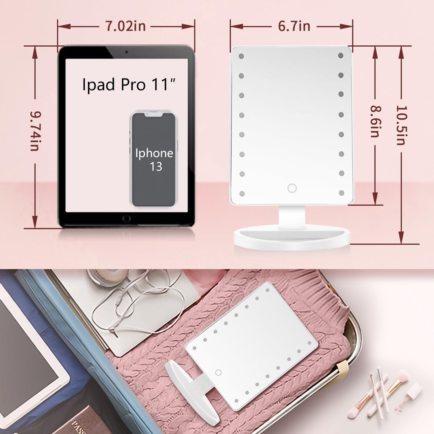 Lighted Makeup Mirror - 16 LED Lights, 180° Rotation | Touch Screen Brightness Adjustment, USB Powered (White)