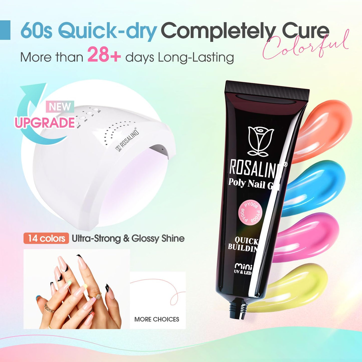 ROSALIND Neon Poly Nail Gel Kit, 14 Colors White Black Yellow Pink Poly Nail Gels Kit with Slip Solution and Mini Lamp Poly Nails Gel Starter Kits For All Seasons Beginner DIY at Home