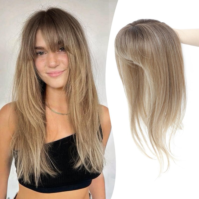 Ms Taj 18 Inch Hair Topper with Clip in Bangs, Synthetic Fluffy 4"x5" Layered Straight Toppers for Women, 360° 3D Cover Bangs Hairpiece for Thinning Hair(Natural Blonde with Dark Root)