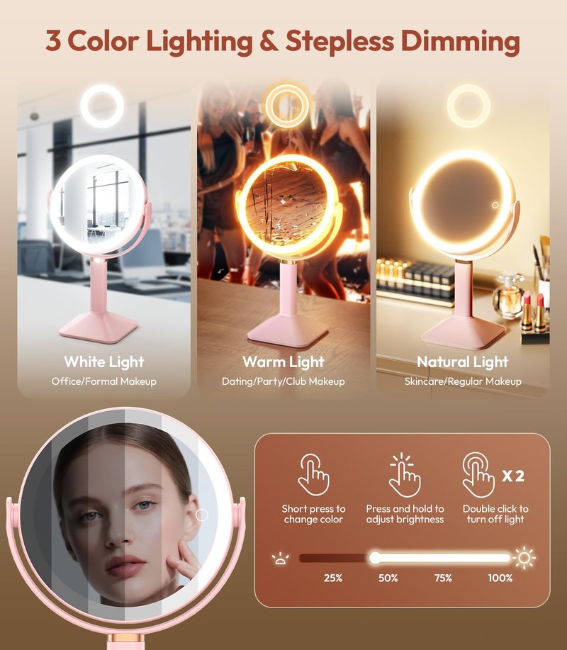 Glowtop Lighted Makeup Mirror with Lights and Magnification 30X/1X, Height Adjustable 30X Magnifying Vanity Mirror with 4000mAh Battery & 3 Colors Dimming Light for Desktop Bathroom Bedroom (Pink)