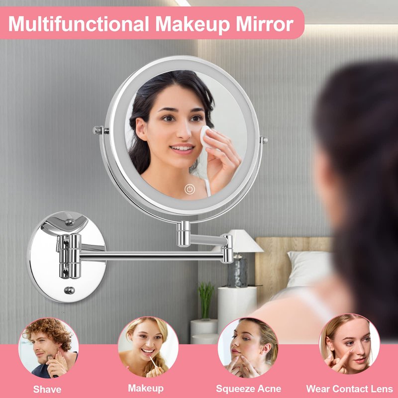 FFowcye 8" LED Wall Mounted Makeup Mirror, 1X/10X Magnifying Vanity Mirror with 3 Color Modes, 2000mAh Rechargeable 360° Swivel Extendable Arm, Polished Chrome for Bathroom Makeup, Shaving, Skincare