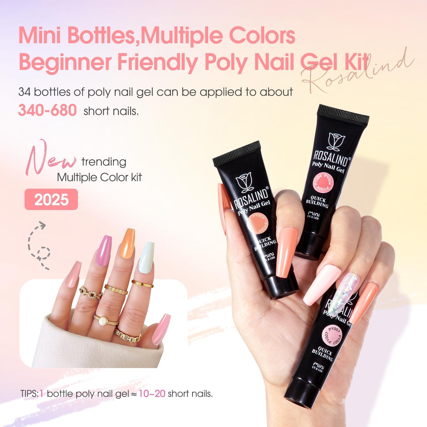 ROSALIND Coloful Poly Nail Gel Kit -34 Colors + Neon Accessories Clear Nude Poly Nails Gel Starter Kit with Mini UV Lamp Slip Solution Fall Colors Halloween Poly Extensions Kit