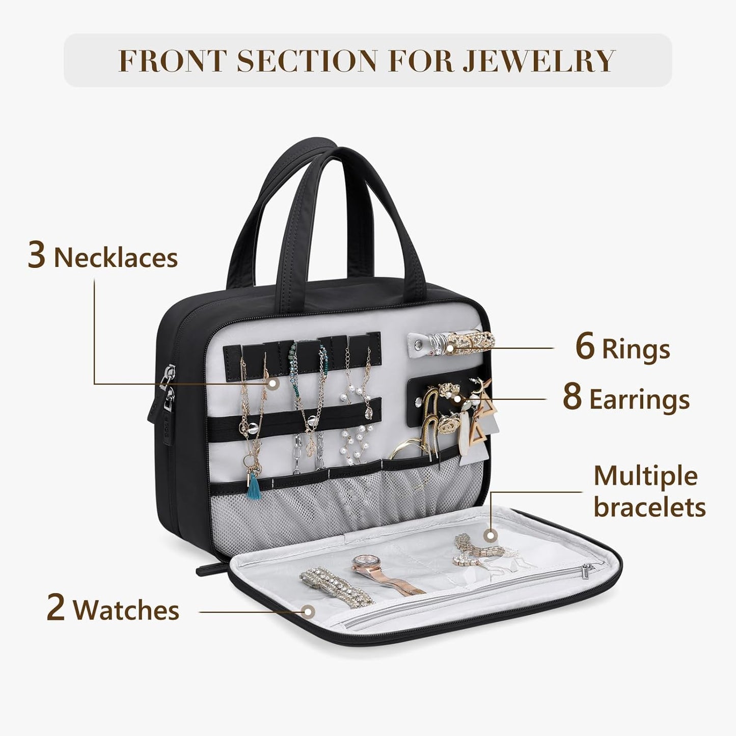 Travel Toiletry Bag - Water-Resistant Makeup Organizer with Jewelry Compartment | Black