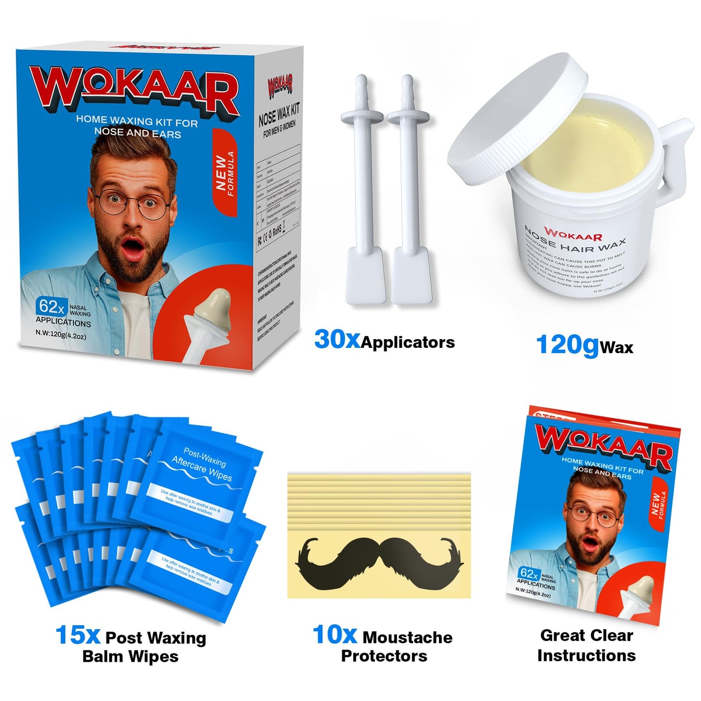 Wokaar Max Value Nose Wax Kit | 120g Wax, 30 Applicators | Painless Nasal & Ear Hair Removal for Men & Women | Includes 15 Balm Wipes & 10 Mustache Guards | Lasts up to 6 Weeks