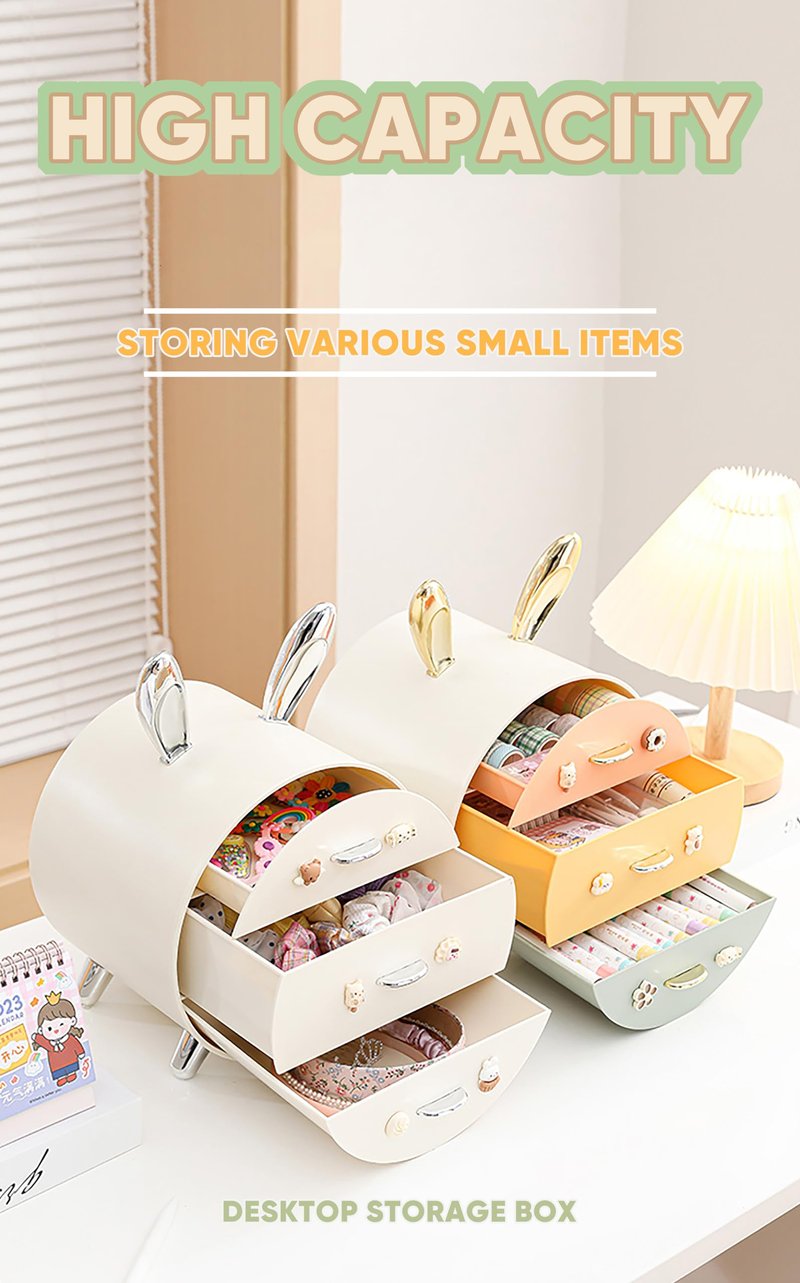 Makeup Organizer and Storage for Perfumes Cosmetics Jewelry,Easter Bunny Box for Countertop, skincare Cabinet Bins 3 draws Stackable Vanity Organizer for Dresser and Bathroom Countertop(Golden Ear)