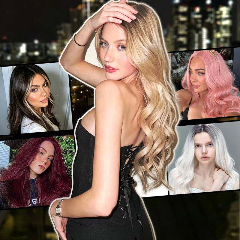T-color Long Brown Mix Blonde Wavy Wig for Women 26 Inch Middle Part Curly Wavy Wig Natural Looking Synthetic Heat Resistant Fiber Wigs for Daily Wear, Party, Cosplay