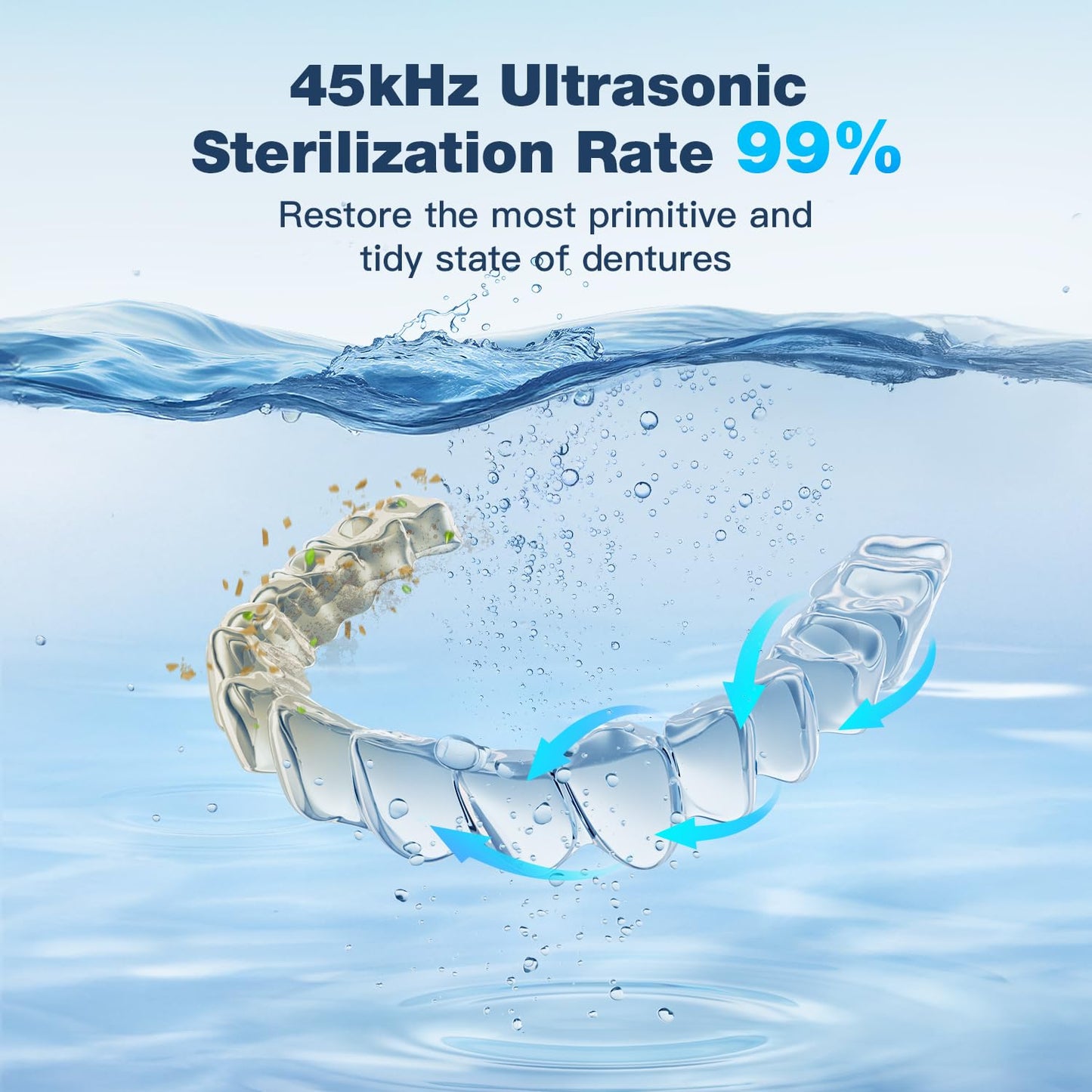 Ultrasonic Retainer Cleaner Machine,45kHz Ultrasonic Cleaner,360°Cleaning for Dentures,Aligner,Mouth Guard,Jewelry,Braces,Toothbrush Heads with 200 ML Dental Cleaning Pod, 3 Modes,White
