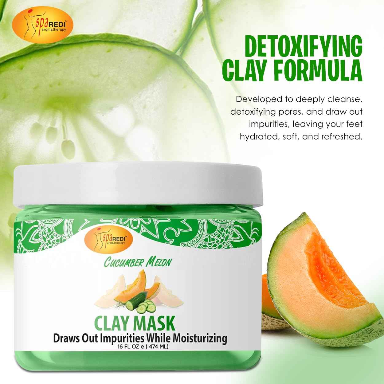 SPA REDI - Clay Mask, Cucumber and Melon, 16 Oz - Pedicure and Body Deep Cleansing, Skin Pore Purifying, Detoxifying and Hydrating