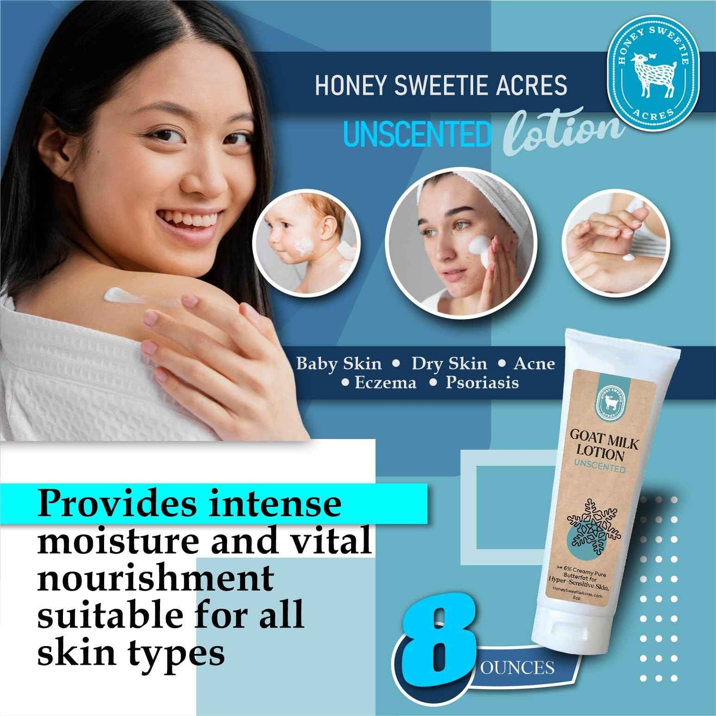 Honey Sweetie Acres Fresh Off The Goat All-Natural Goat Milk 8 oz Unscented Body Lotion is a cruelty-free, handmade lotion that hydrates and moisturizes - Made in the USA