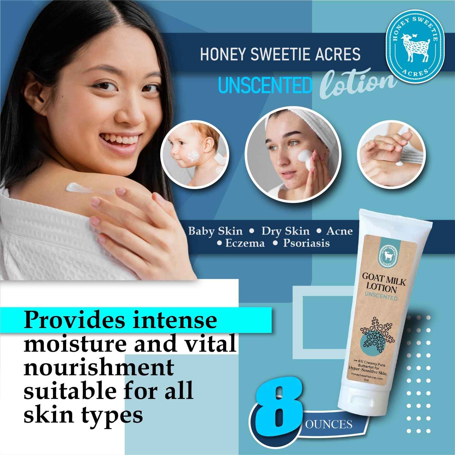 Honey Sweetie Acres Fresh Off The Goat All-Natural Goat Milk 8 oz Unscented Body Lotion is a cruelty-free, handmade lotion that hydrates and moisturizes - Made in the USA