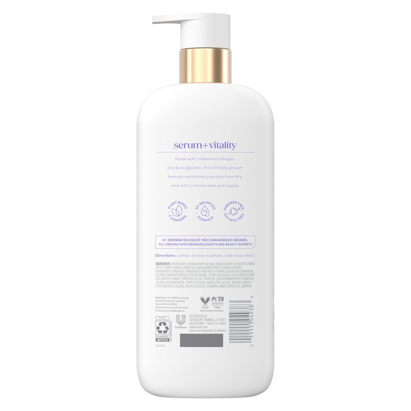 Dove Body Wash Vitality Renewal Promotes firmer, supple skin 4% restoring serum with collagen 18.5 oz