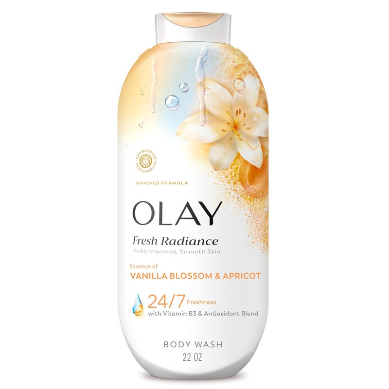 Olay Body Wash for Women, Fresh Radiance, Refreshing & Renewing, Made with Plant Based Cleansers, B3 Botanical Complex, For All Skin Types, Vanilla Blossom & Apricot Scent, 22 fl oz (Pack of 4)