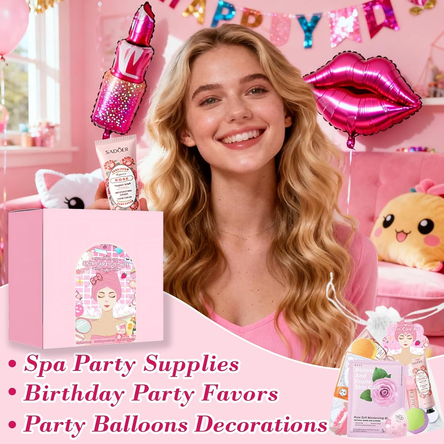 Spa Party Supplies Kit - 100PCS Balloons, Face Masks, Lip Balm & Foot Bath Bombs | Perfect Birthday Gift for Girls & Women