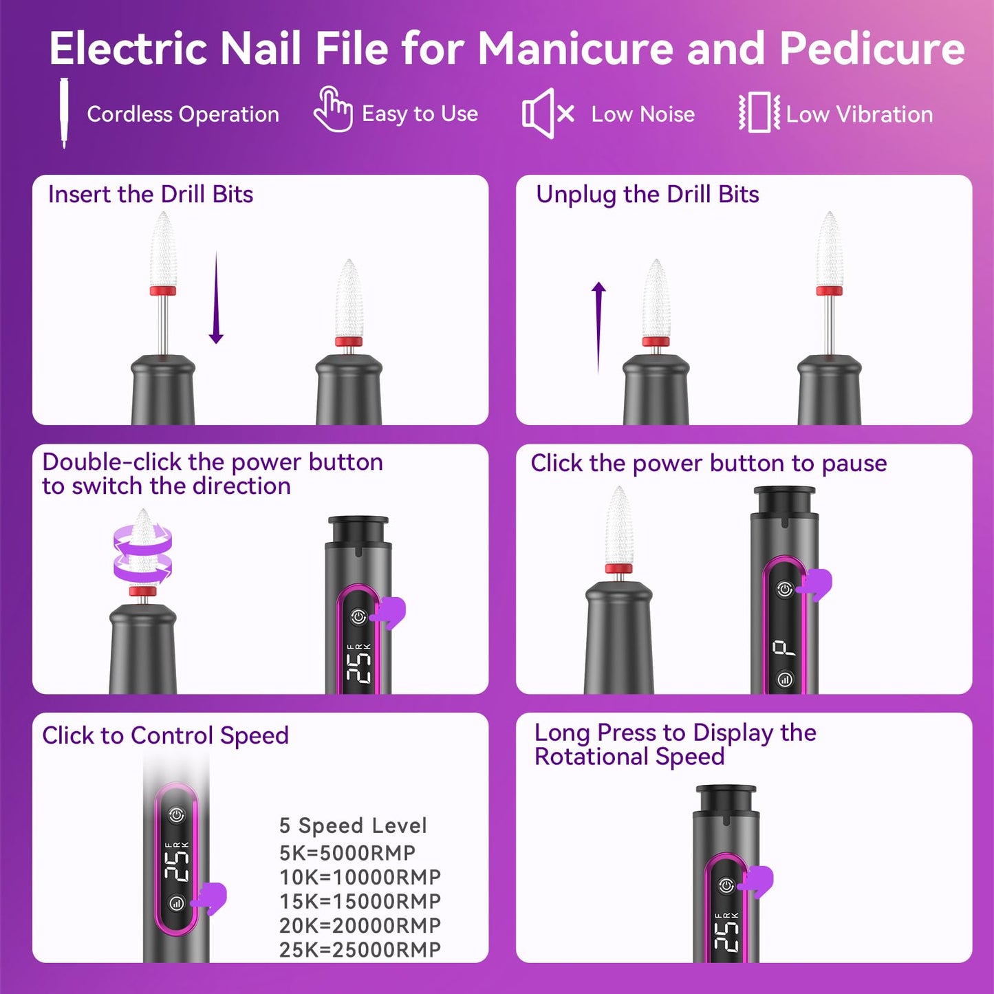 RAZOWISE Portable Electric Nail Drill File 5 Speeds 12 in 1 with LED Display Rechargeable Professional Efile for Natural Acrylic Gel Powder Manicure Pedicure Nails, Pink