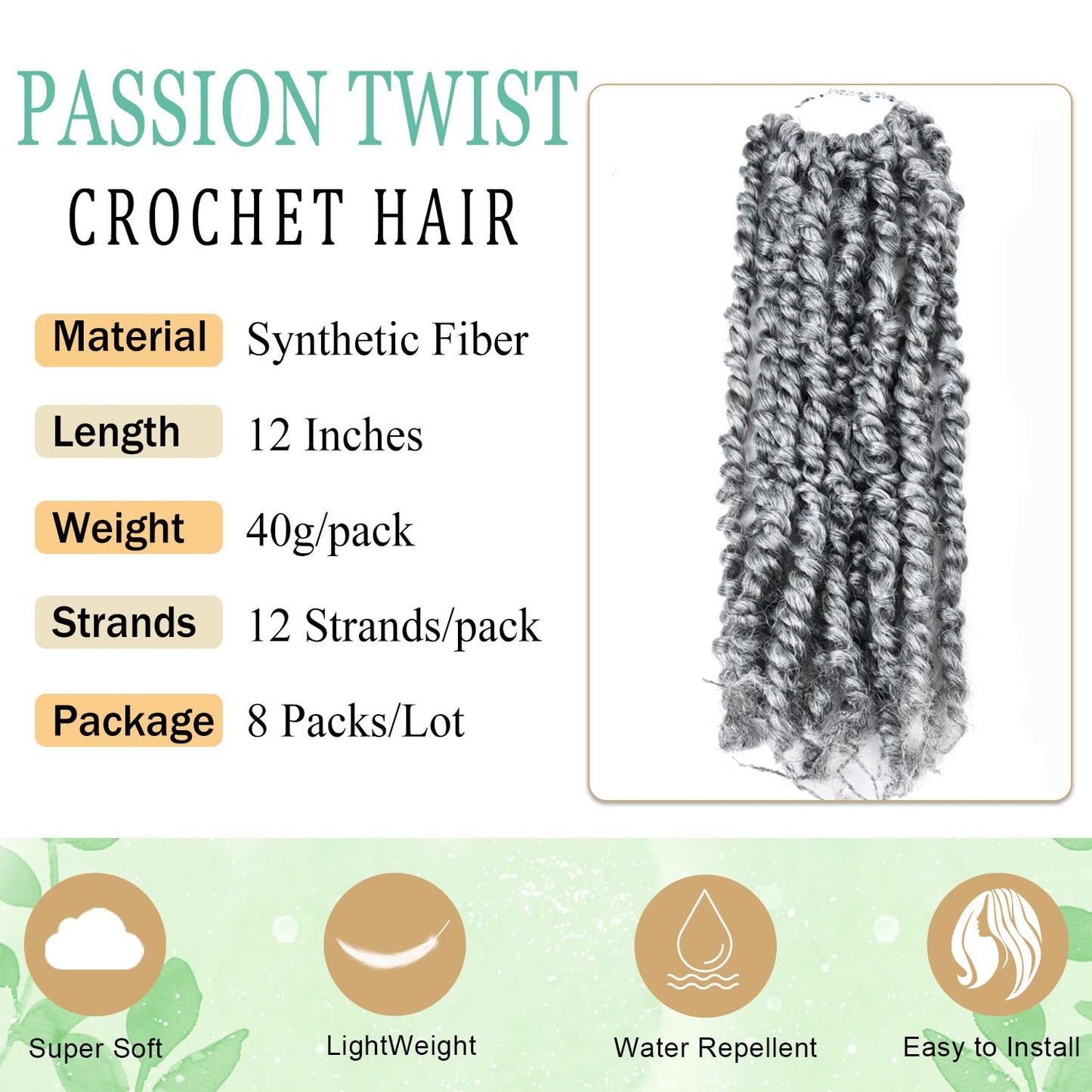 12 Inch Passion Twist Crochet Hair for Black Women 8 Packs Pre-twisted Passion Twists Pre-looped Crochet Braids Hair Bohemian Twist Synthetic Braiding Hair Extensions (12Strands/Pack,TGrey#)