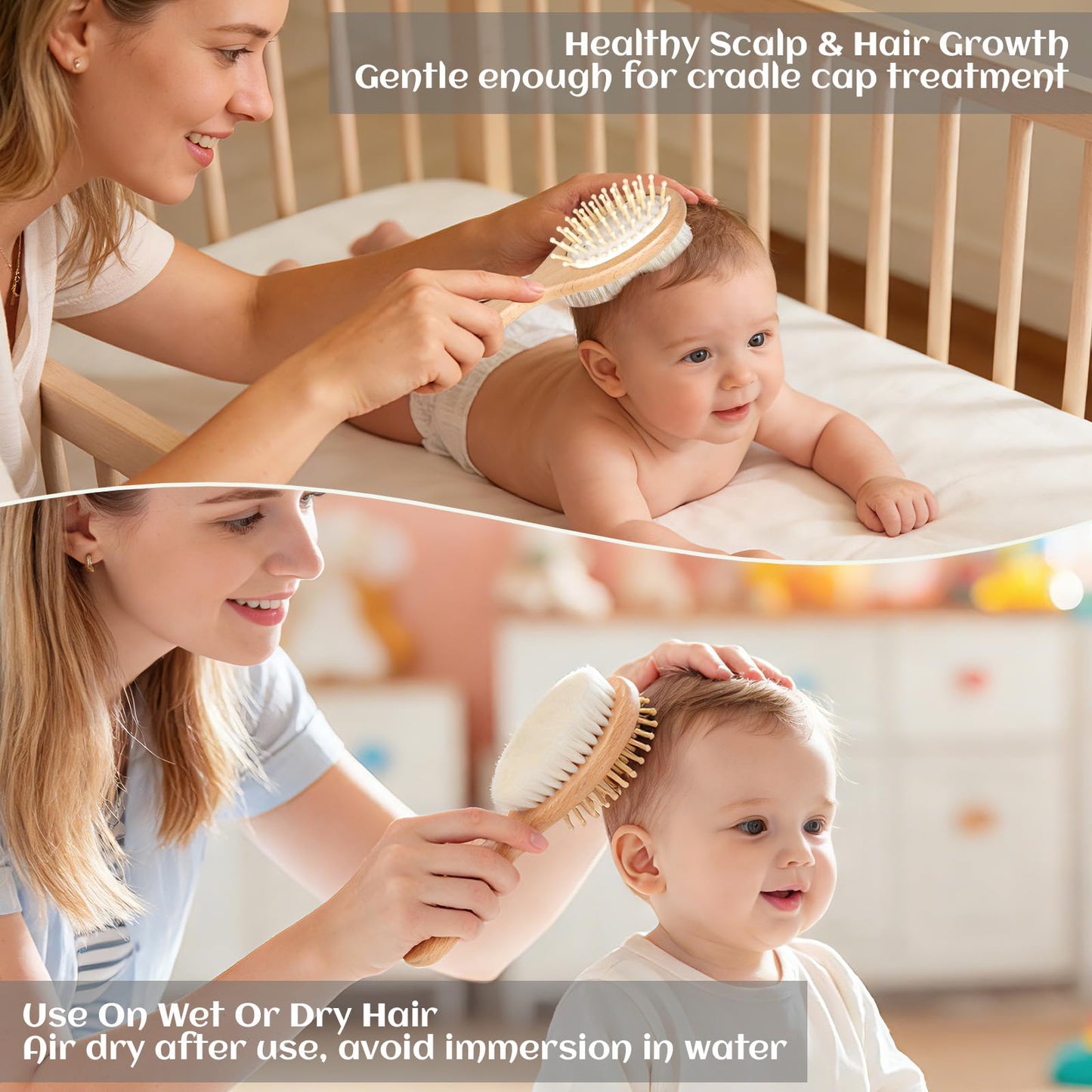 Baby Hair Bush and Comb Set, 5 Pack Wooden Baby Brush with Soft Goat Bristle for Newborns and Toddlers, Perfect for Cradle Cap, Baby Registry Gift, Infant Essentials Care Kit