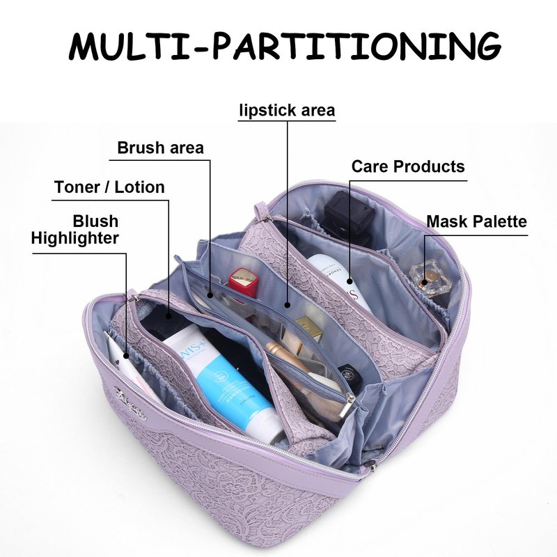 BOYATU Travel Makeup Bags Cosmetic Organizer Bag: 3-Set Large Capacity Make up Bag - PU Leather Toiletry Bags for Women - Wide Open Portable Pouch with Divider & Handle (02-Z-Violet)