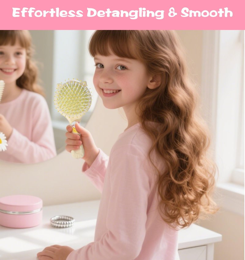 Toddler Detangler Brush, 2Pcs Kids Hairbrush with Cat's Paws Cat's Ears, Mirror and Air Cushion Base Gentle on Wet Dry Curly Hair, Tangle-free Baby Detangler Brush