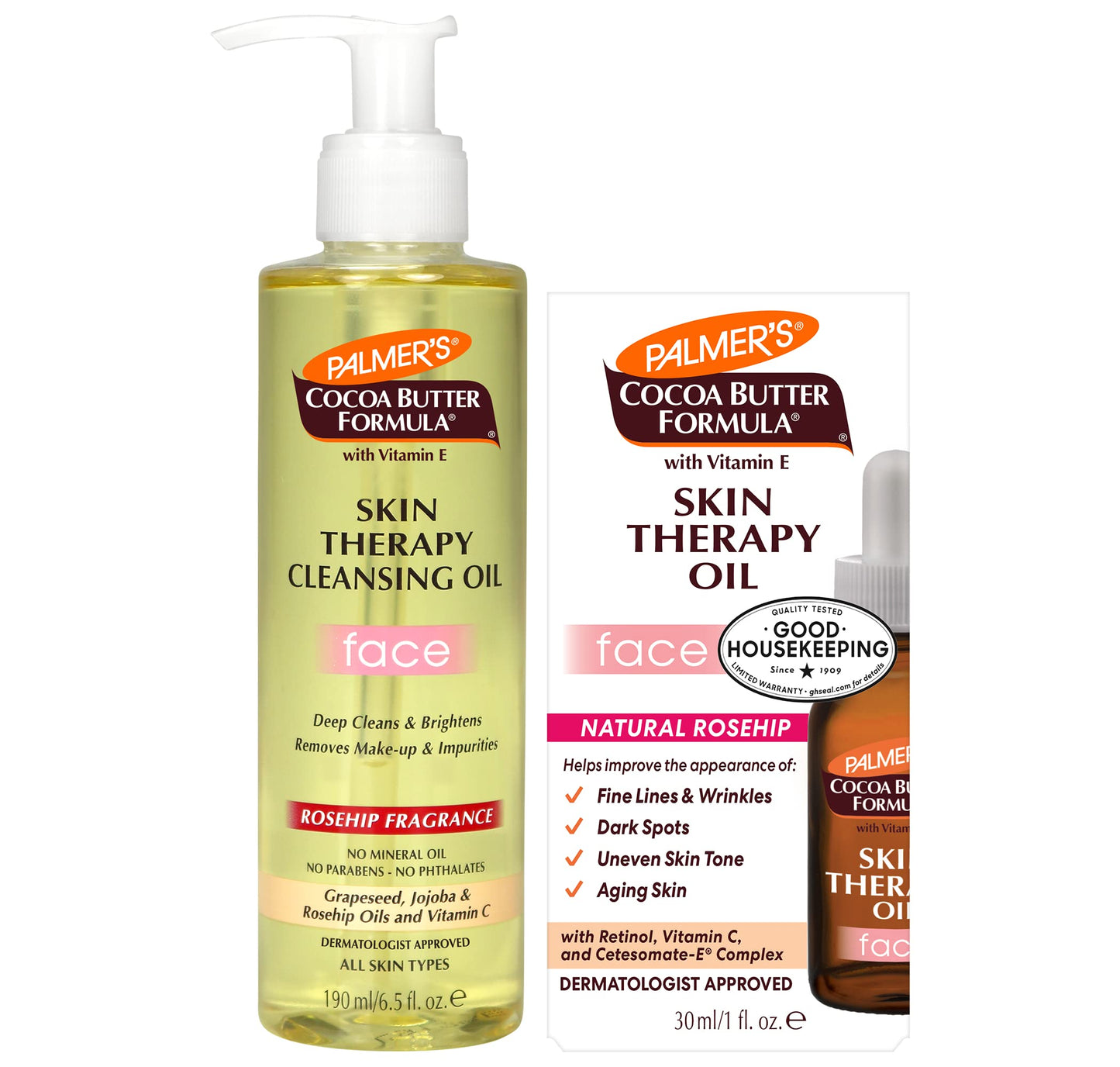 Palmer's Face Oil + Facial Cleanser Oil, Cocoa Butter with Vitamin E & Rosehip Fragrance Skin Care Bundle, Includes 1 Cleansing Oil to Clean & Brighten Skin (6.5 fl oz) and 1 Facial Oil (1 fl oz)
