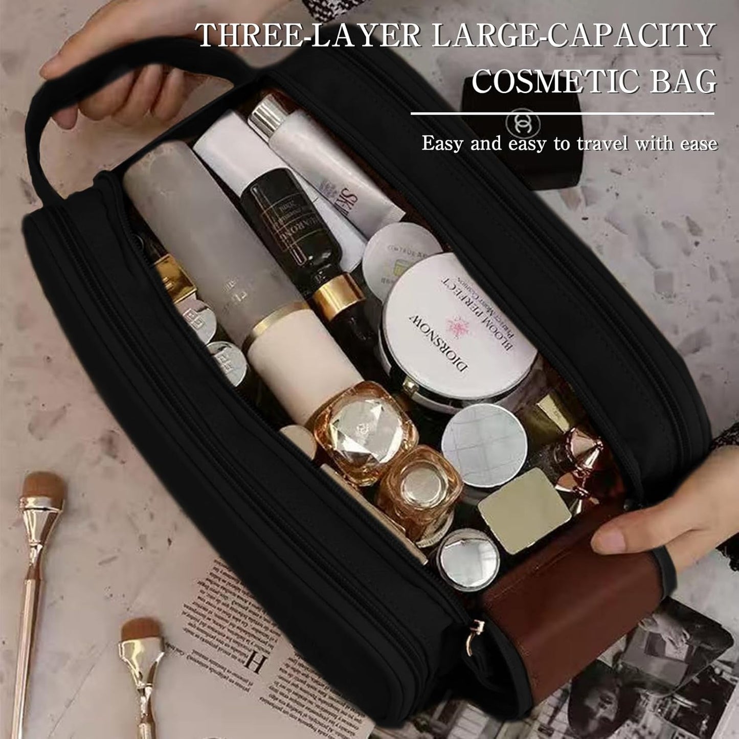Large Capacity 3-Tier Cosmetic Makeup Bag - Double Zipper Travel Organizer for Makeup & Toiletries | Black