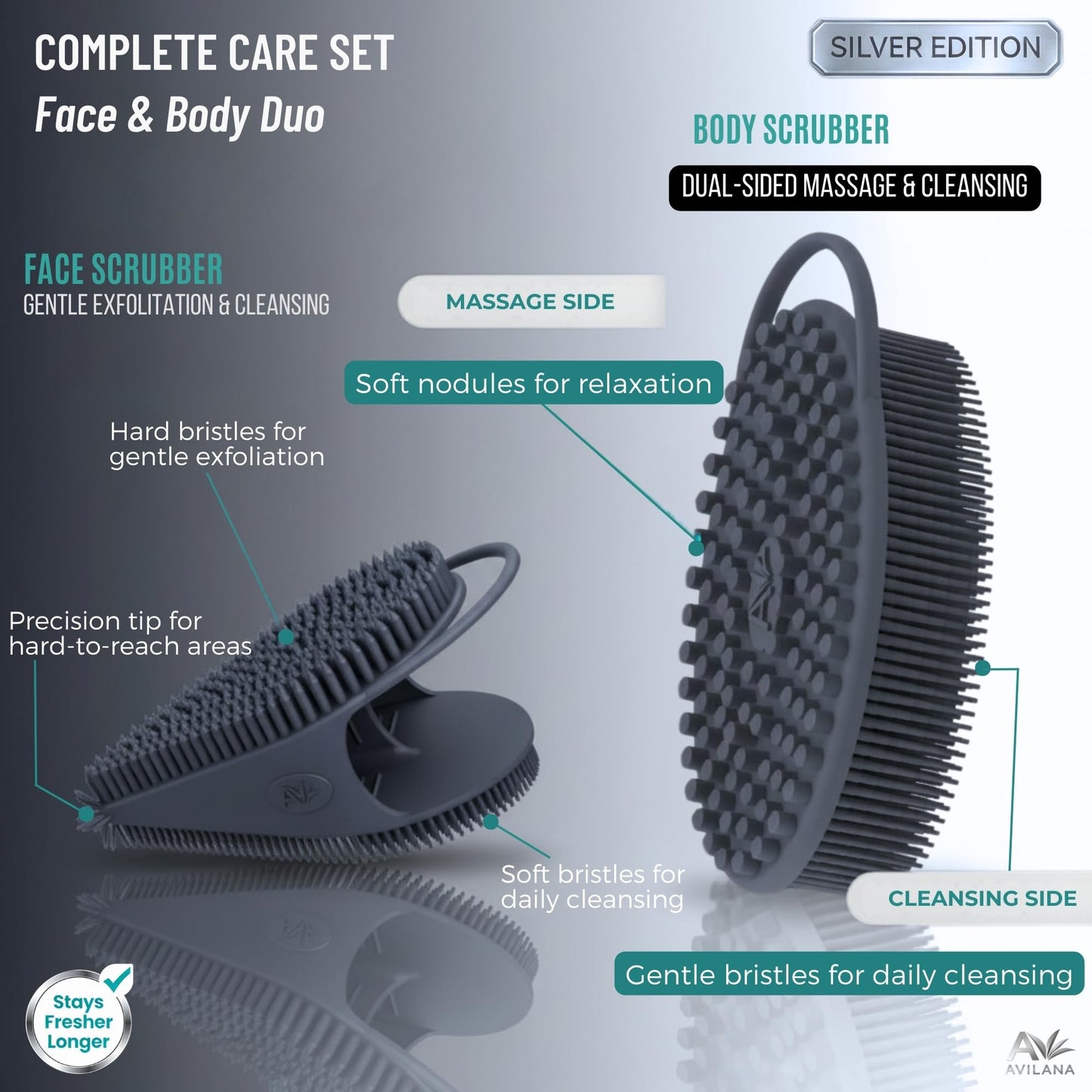 Avilana Silver Edition Body Scrubber and Face Brush Set - Silver-Ion Infused Silicone 2-in-1 Kit, ISO Tested Both Pieces, Stays Fresher Longer Gentle Exfoliating Sensitive Skin Women Men Gift Skincare