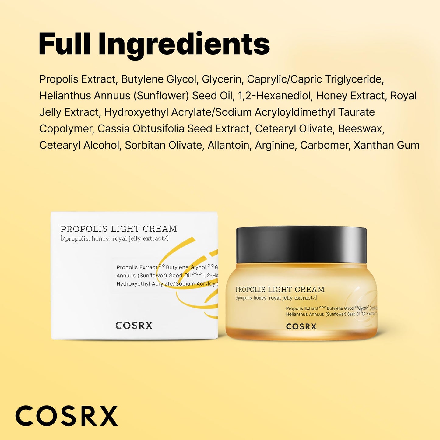 COSRX Full Fit Propolis Light Cream, 2.19 Fl.oz / 65ml, Propolis 64.5%, Hydrating Daily Day and Night Moisturiser, Korean Skin Care, Not Tested on Animals