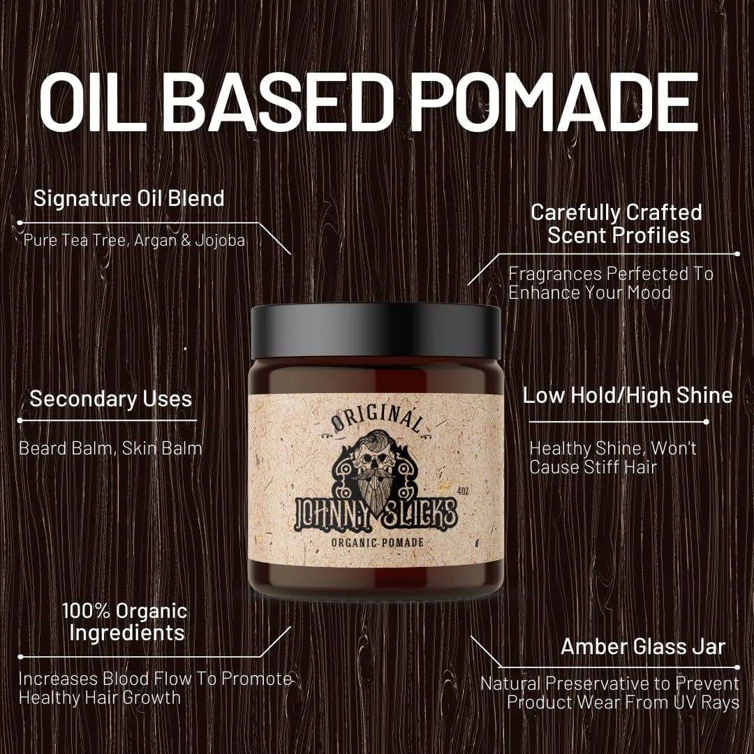Johnny Slicks Oil-Based Pomade - Organic Hair Styling for Men | Low to Medium Hold, 4 Ounce