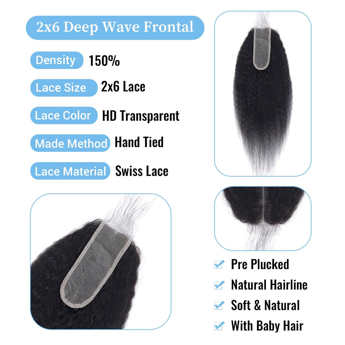 Kinky Straight 2x6 HD Lace Frontal Closure 12A Brazilian Raw Virgin Yaki Kinky Straight Human Hair Closure Natural Hairline Pre Plucked 12 Inch