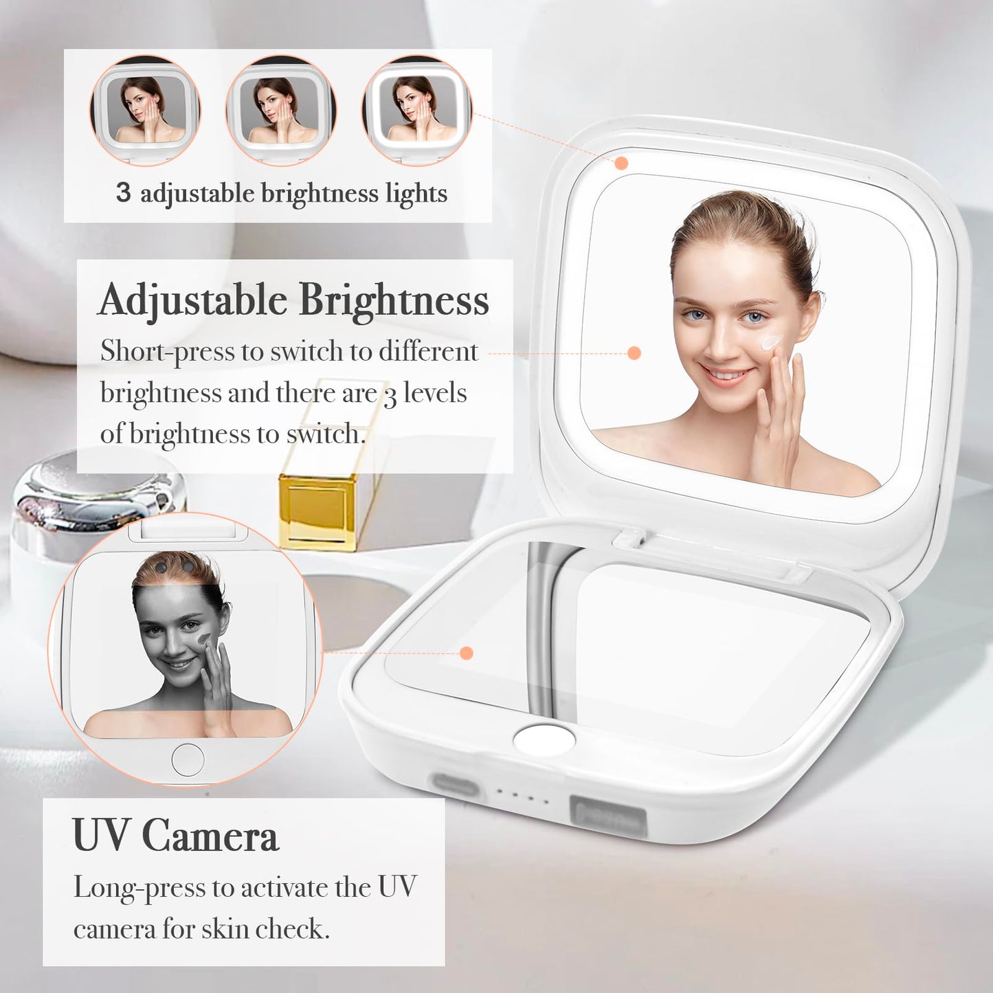 HiPai UV Camera Mirror for Sunscreen Test & SPF Detection, 1x/2x Magnifying Travel Mirror with Dimmable LED Lights, Handheld 2-Sided Portable Makeup Mirror for Handbag/Pocket,White
