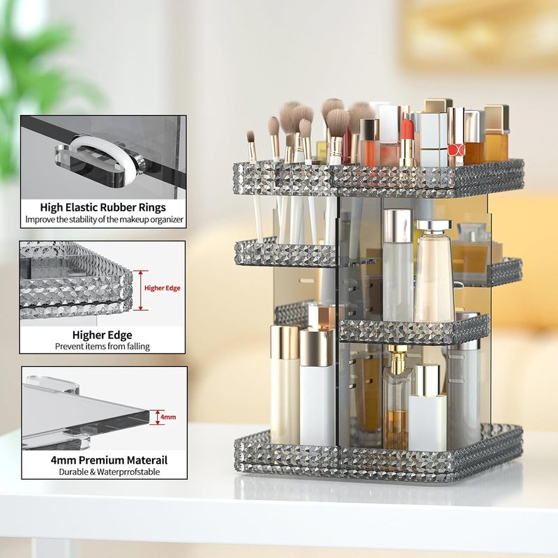 Large Capacity Rotating Makeup Organizer - Acrylic Cosmetic Display Case with Brush Holder | Grey