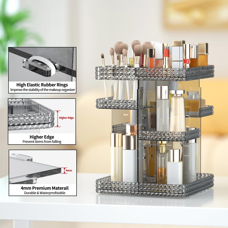 BOCONY Rotating Makeup Organizer, Large Capacity Cosmetic Display Case, Acrylic Skincare Organizer with Brush Holder, Makeup Storage Organizer for Dresser Countertop and Bathroom Vanity - Black