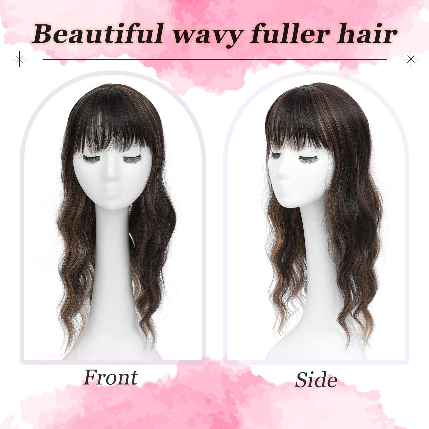 Hair Topper, 360° 3D Hair Toppers for Women with Thinning Crown, 20 Inch Long Wavy Curly Hair Pieces Clip in Bangs (Dark Brown Mixed Chestnut, 20 inch, French Bangs)