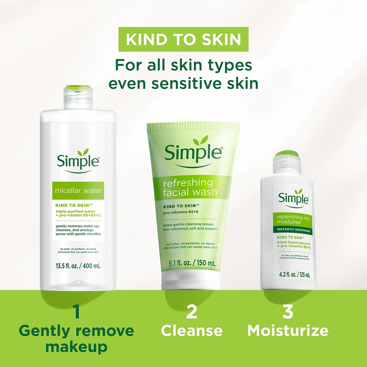 Simple Kind To Skin Micellar Water - Makeup Remover and Facial Cleanser - Face Cleanser with Pro-Vitamin B5, B3 and C - Vegan, No Perfumes - 4 pc