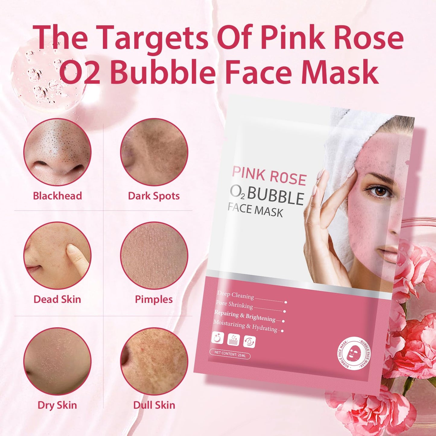 IREV Pack of 10 Pink Rose O2 Bubble Face Masks Skincare, Spa Presents for Women, Bubble Face Sheet Mask Cleaner Foaming Purifying Facial Mask for Acne and Pores Moisturizing Beauty Sheet Masks