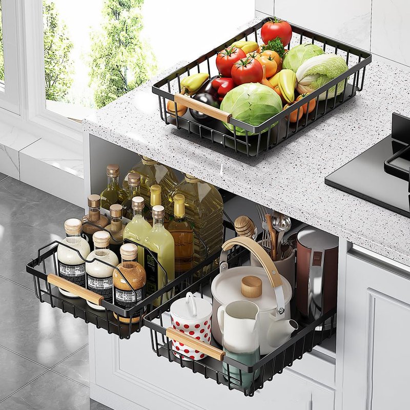 GarveeHome Pull Out Cabinet Organizer Expandable Slide Out Drawer Organizers, No Drill Pull Out Drawers Adhesive Compatible Framed Cabinets Shelves for Kitchen Pantry