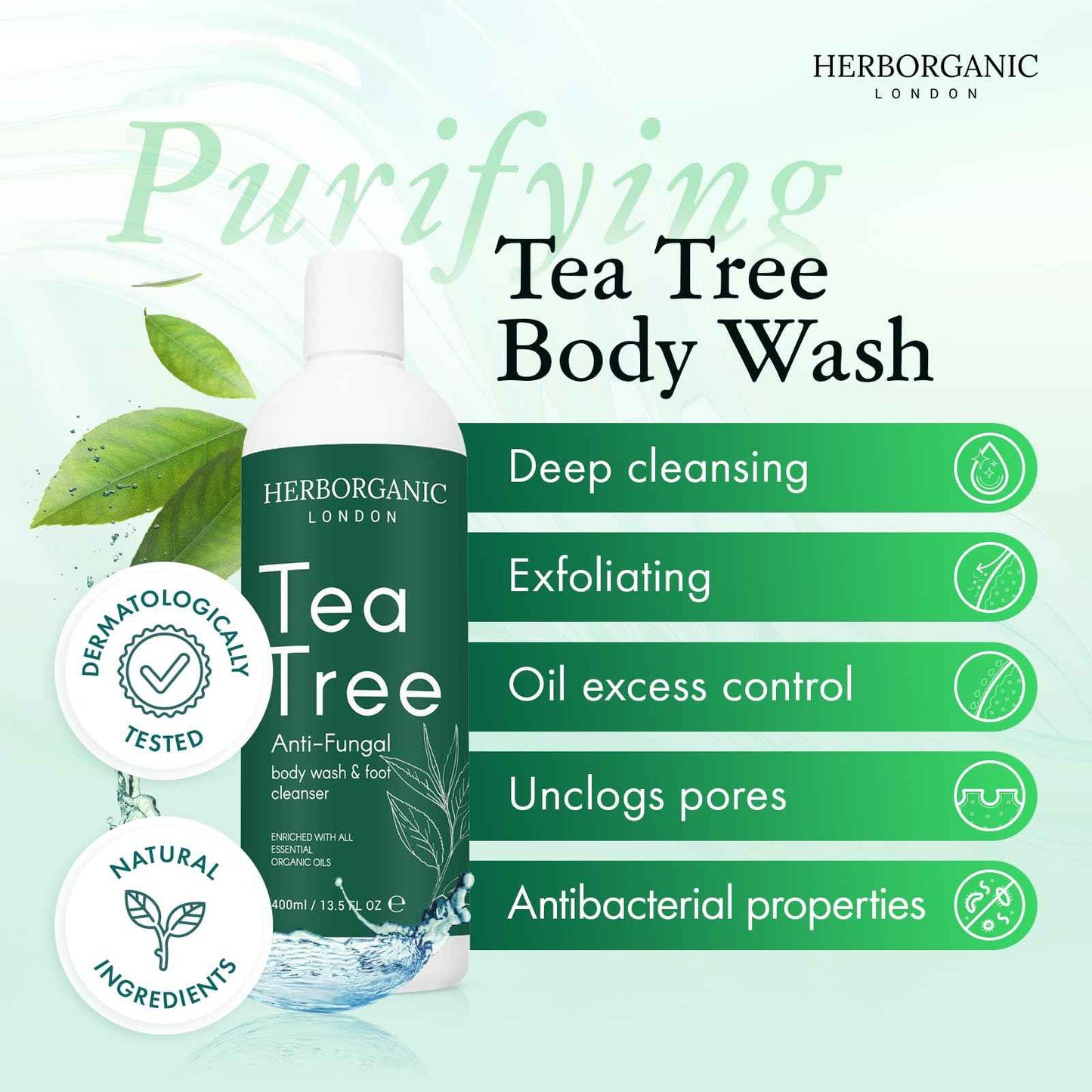 HERBORGANIC Tea Tree Body Wash - 400ml - Body Wash - Vegan, Odor and Foot Cleansing Shower Gel
