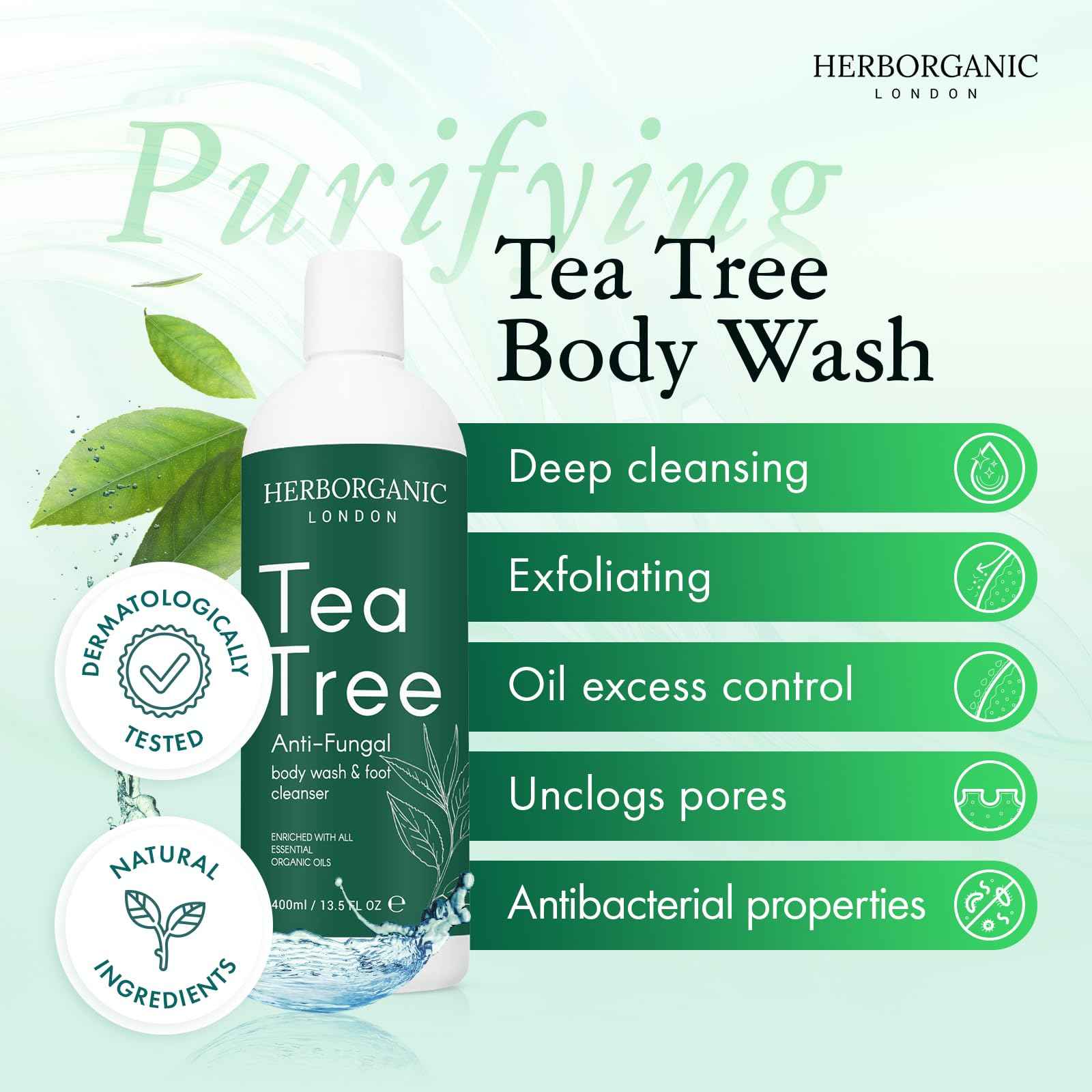 HERBORGANIC Tea Tree Body Wash - 400ml - Body Wash - Vegan, Odor and Foot Cleansing Shower Gel