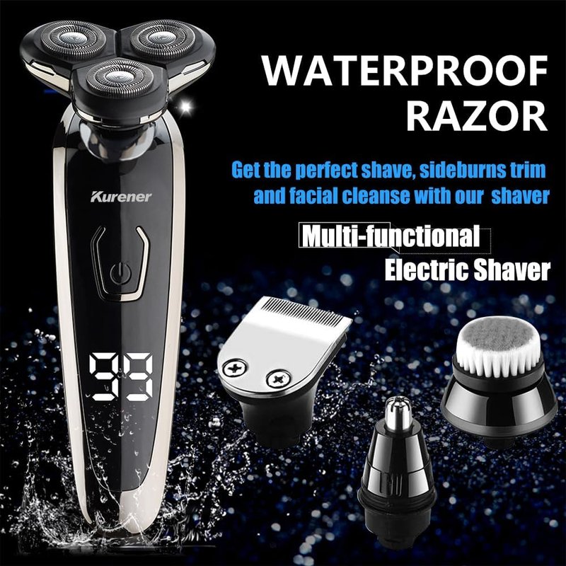 Electric Razor for Men - Rechargeable Waterproof Rotary Shaver with Nose & Sideburn Trimmer | Face Cleaning Brush