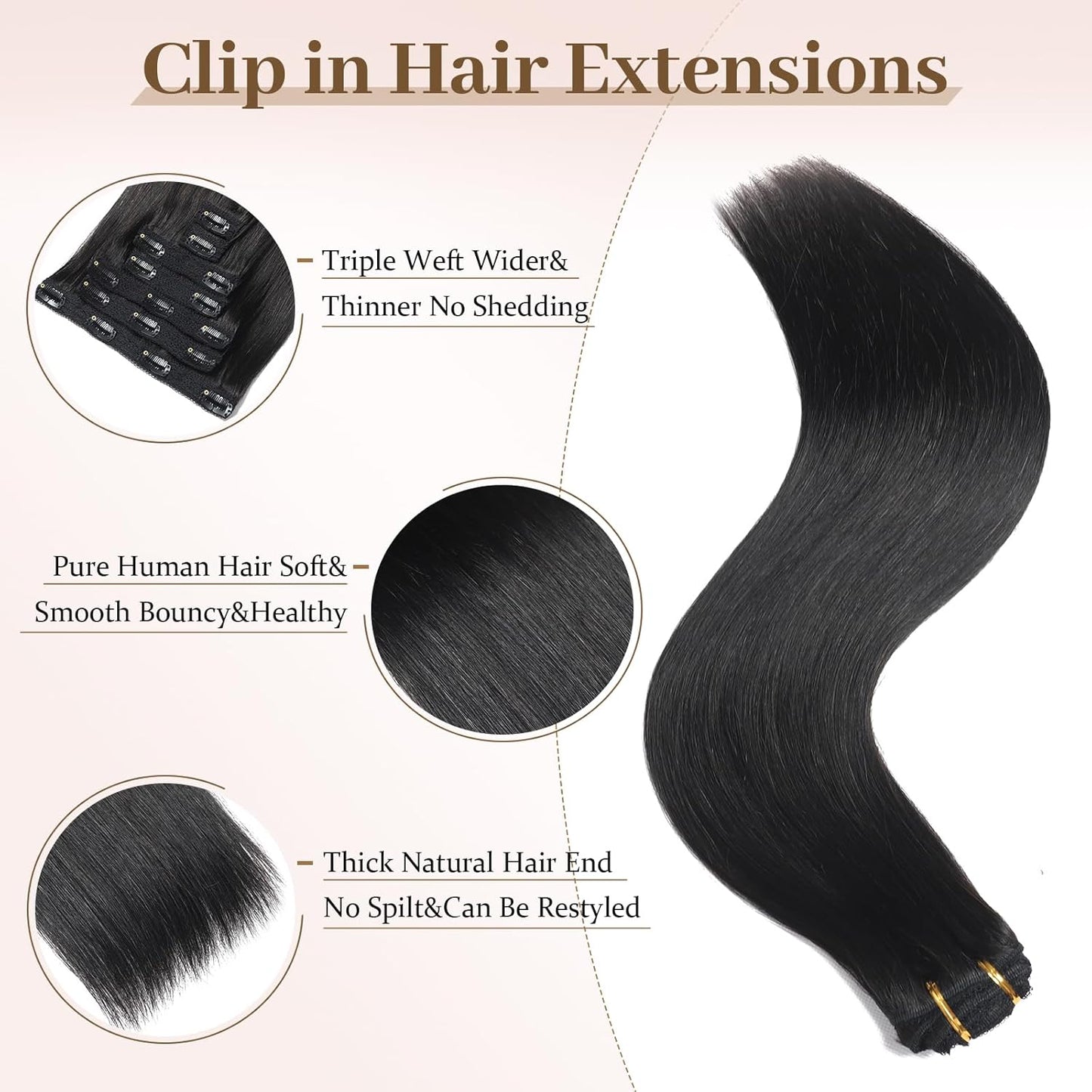 Real Human Hair Clip-In Extensions - 18 Inch, 70g Natural Straight for Black Women | 7 Pieces with 16 Clips