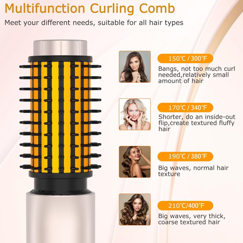 JAMIEWIN Cordless Hair Curling Iron Brush, Travel Hot Straightener Comb Curl Brush, 3-in-1 Portable Curling Iron Cordless Wand, USB Rechargeable Curling Wand-Blush(Gold)
