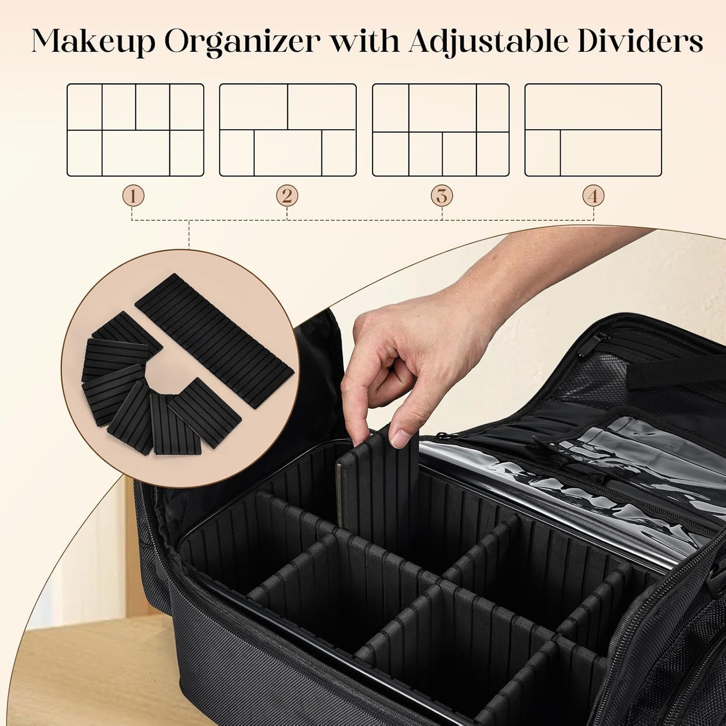 Professional Makeup Bag - Large Cosmetic Organizer with Brush Holder & 4 Clear Bags | Travel Storage with Shoulder Strap & Dividers